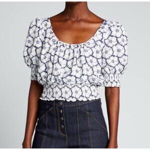 Cinq a Sept Elliot Floral-Print Taffeta Puff Sleeve Crop Top Blue & White Medium